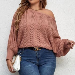SHEIN Plus Pointelle Knit Asymmetrical Neck Batwing Sleeve Sweater 1XL